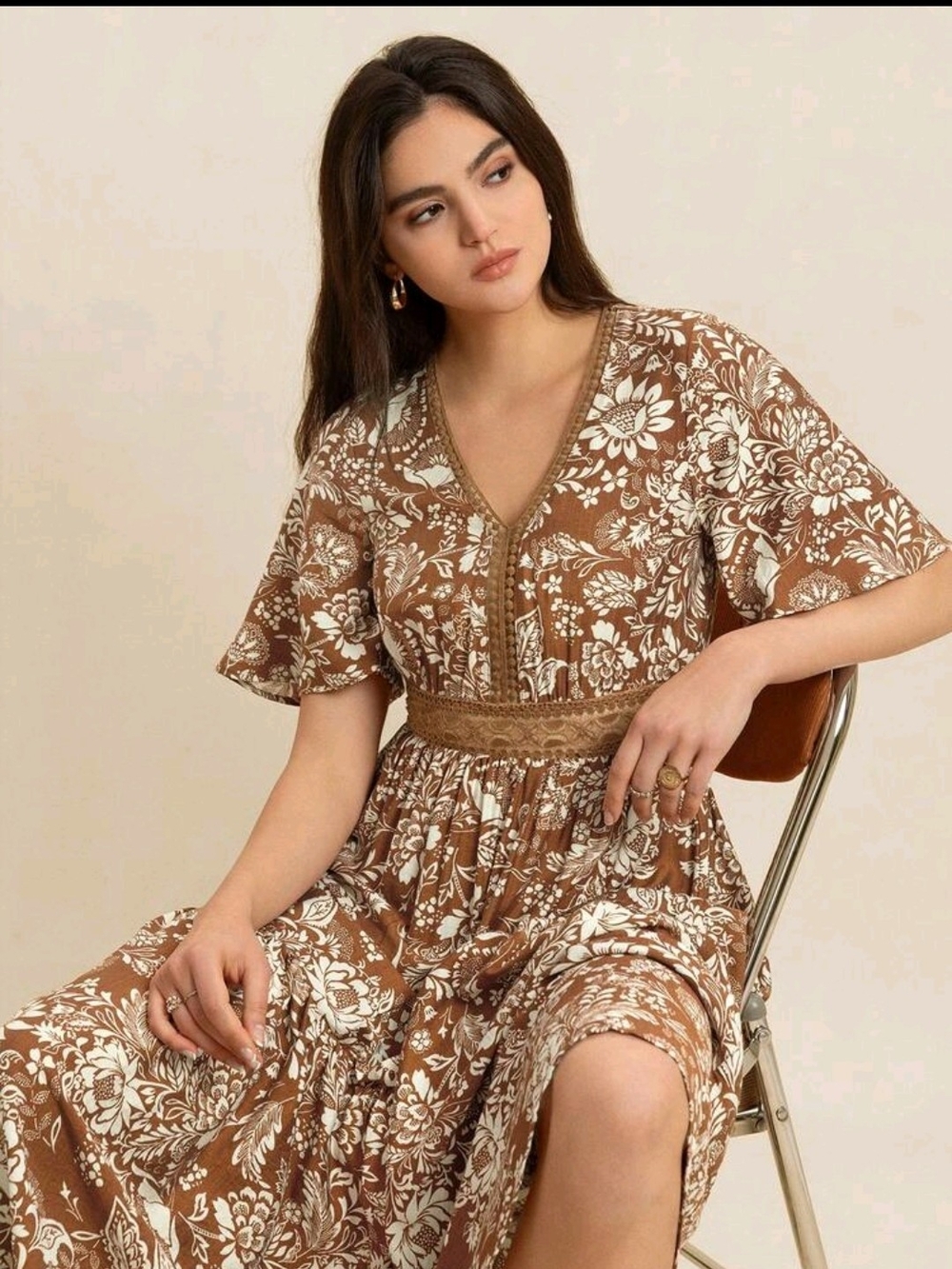 Women's Brown Floral V-Neck Midi Dress